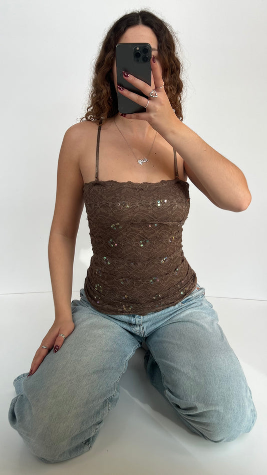 00s brown lace sequin cami- size S