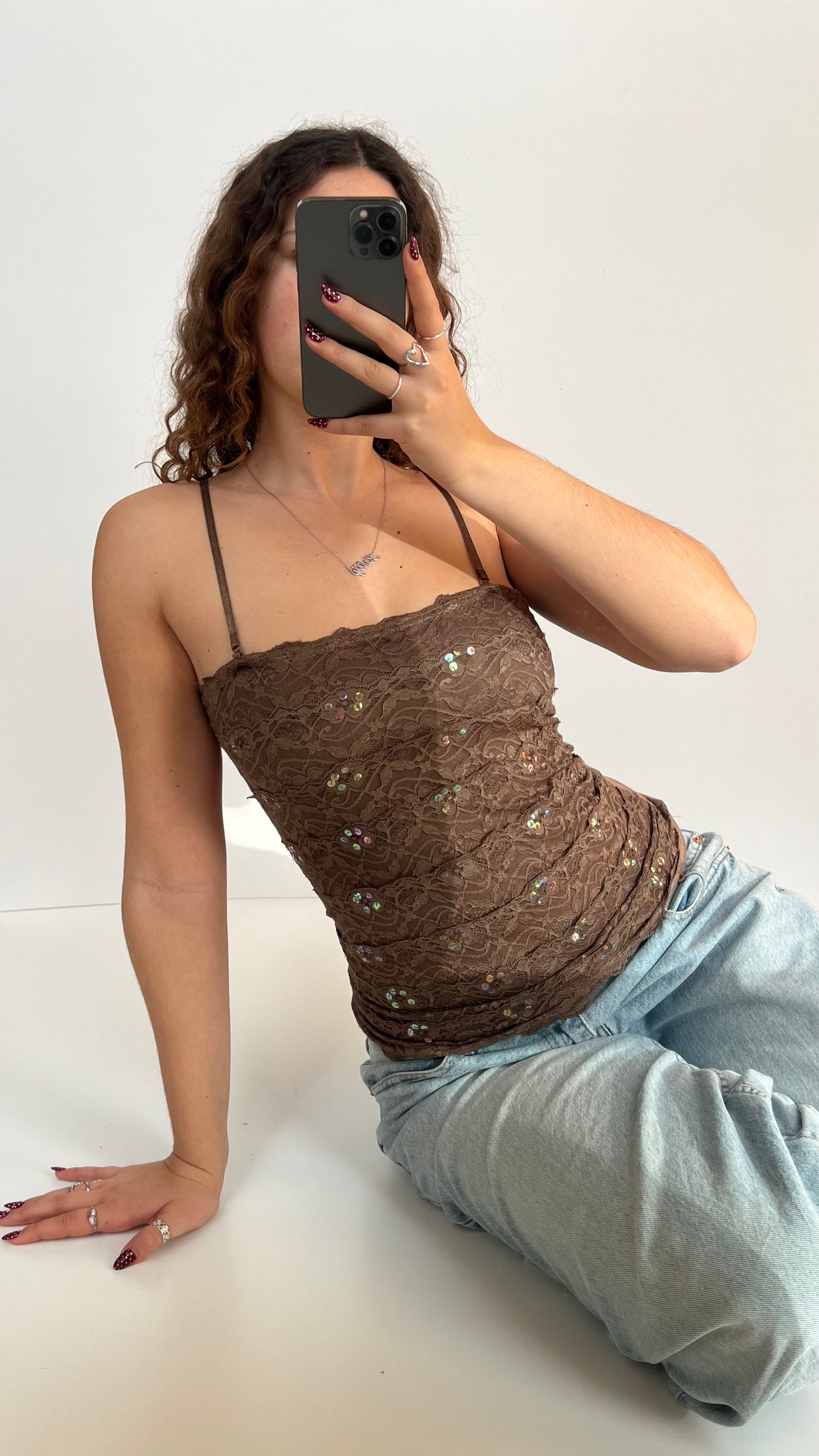 00s brown lace sequin cami- size S