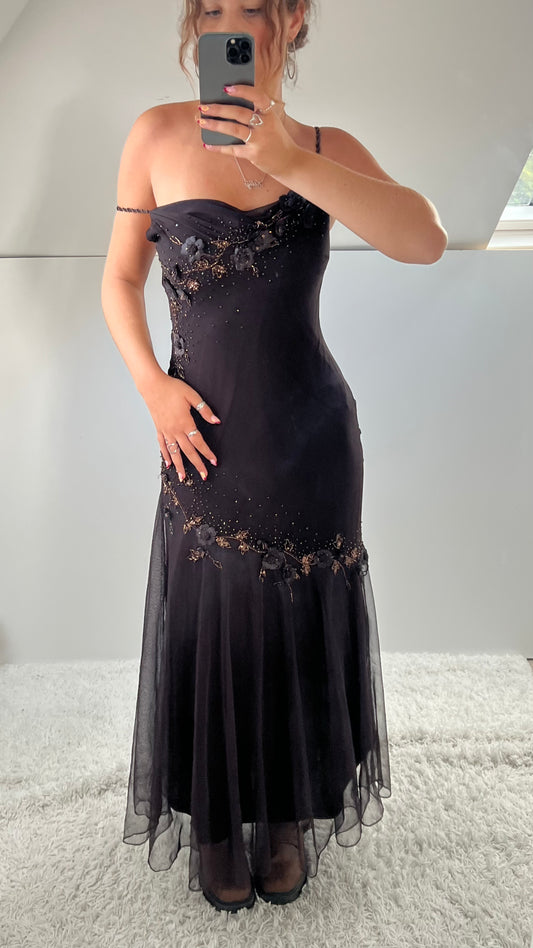 00s brown silk beaded maxi dress- size S