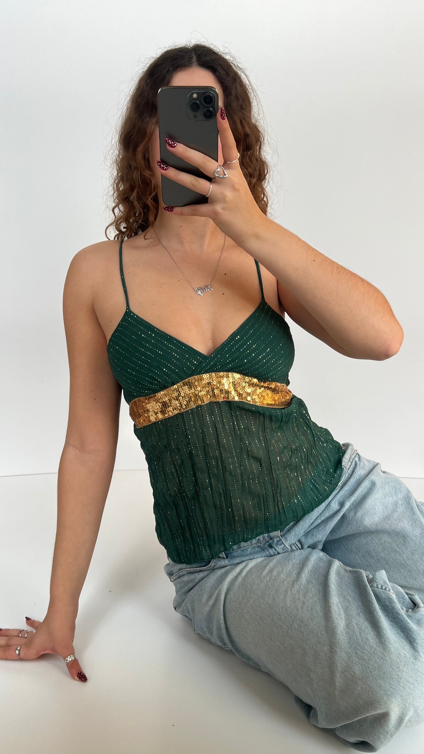 00s green mesh sequin cami- size S
