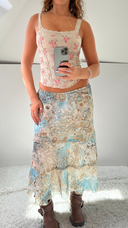 00s blue paisley mesh maxi skirt- size M