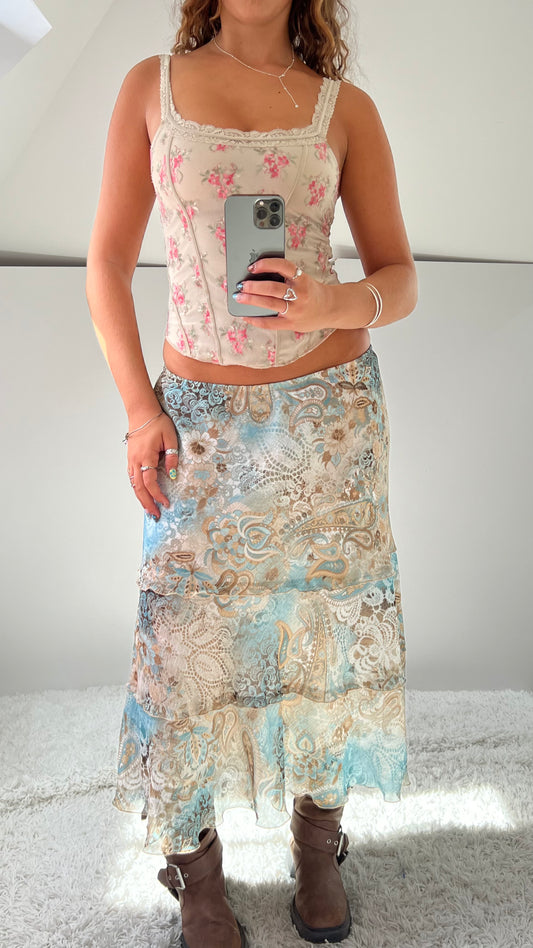 00s blue paisley mesh maxi skirt- size M
