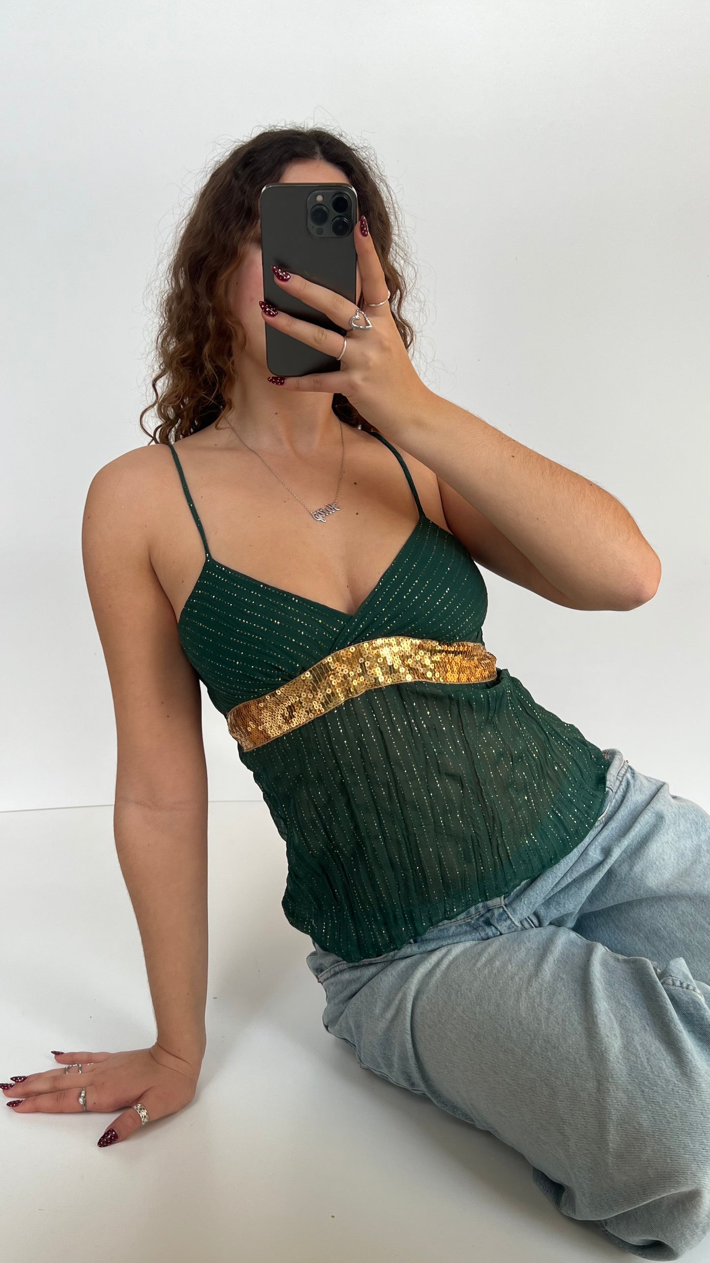 00s green mesh sequin cami- size S