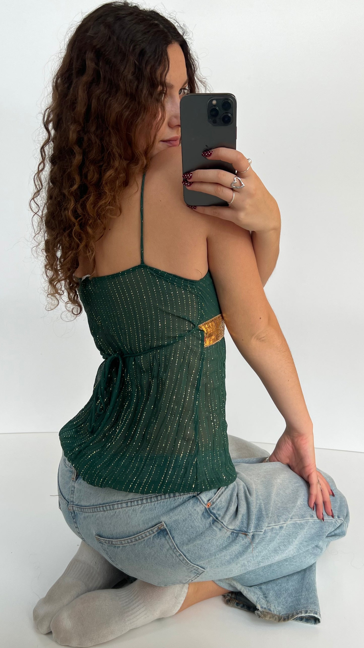 00s green mesh sequin cami- size S