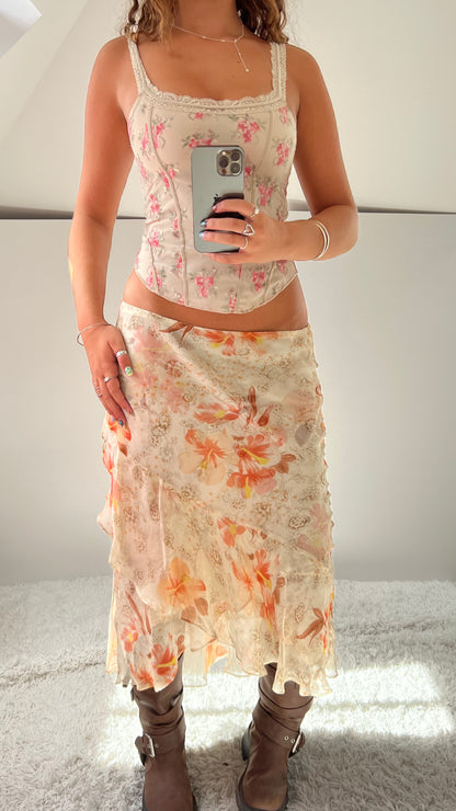 00s cream pink mesh midi skirt- size L