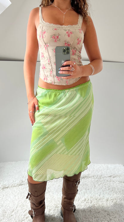 00s green striped mesh midi skirt- size M