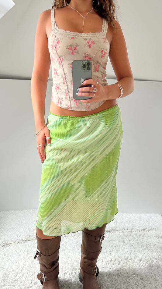 00s green striped mesh midi skirt- size M