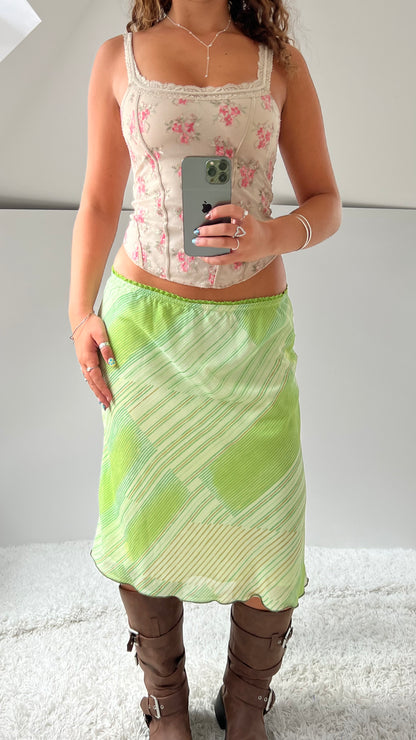 00s green striped mesh midi skirt- size M