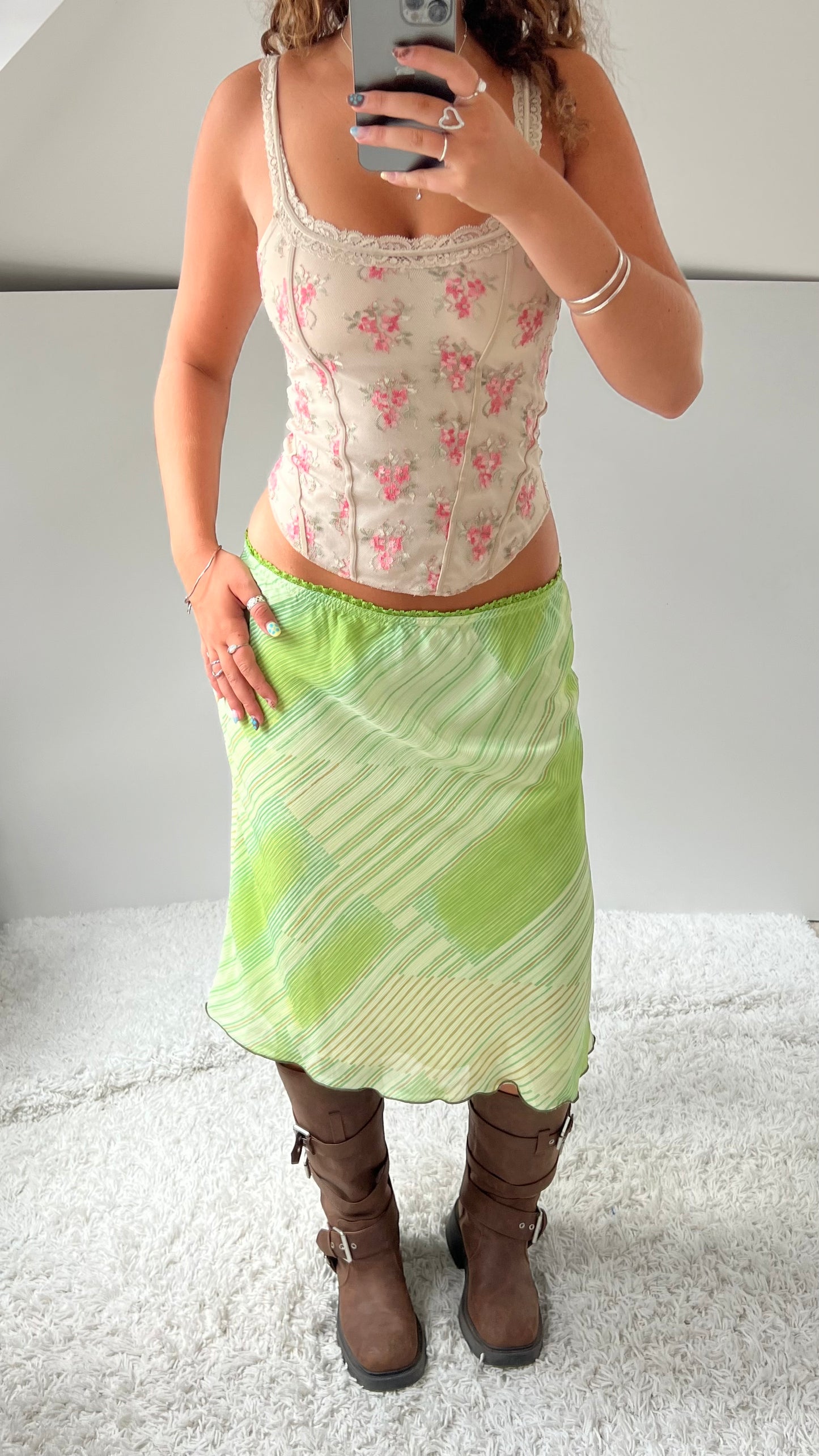00s green striped mesh midi skirt- size M