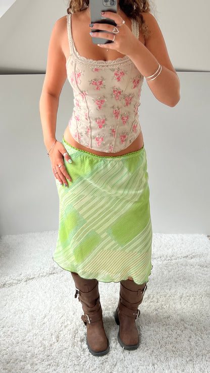 00s green striped mesh midi skirt- size M