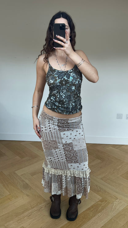 00s brown patchwork lace maxi skirt- size L