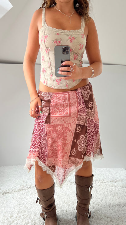 00s pink mesh patterned midi skirt- size S