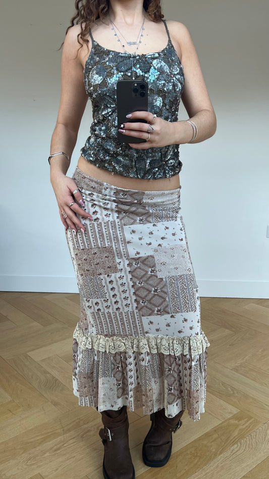 00s brown patchwork lace maxi skirt- size L