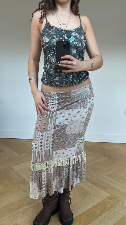 00s brown patchwork lace maxi skirt- size L