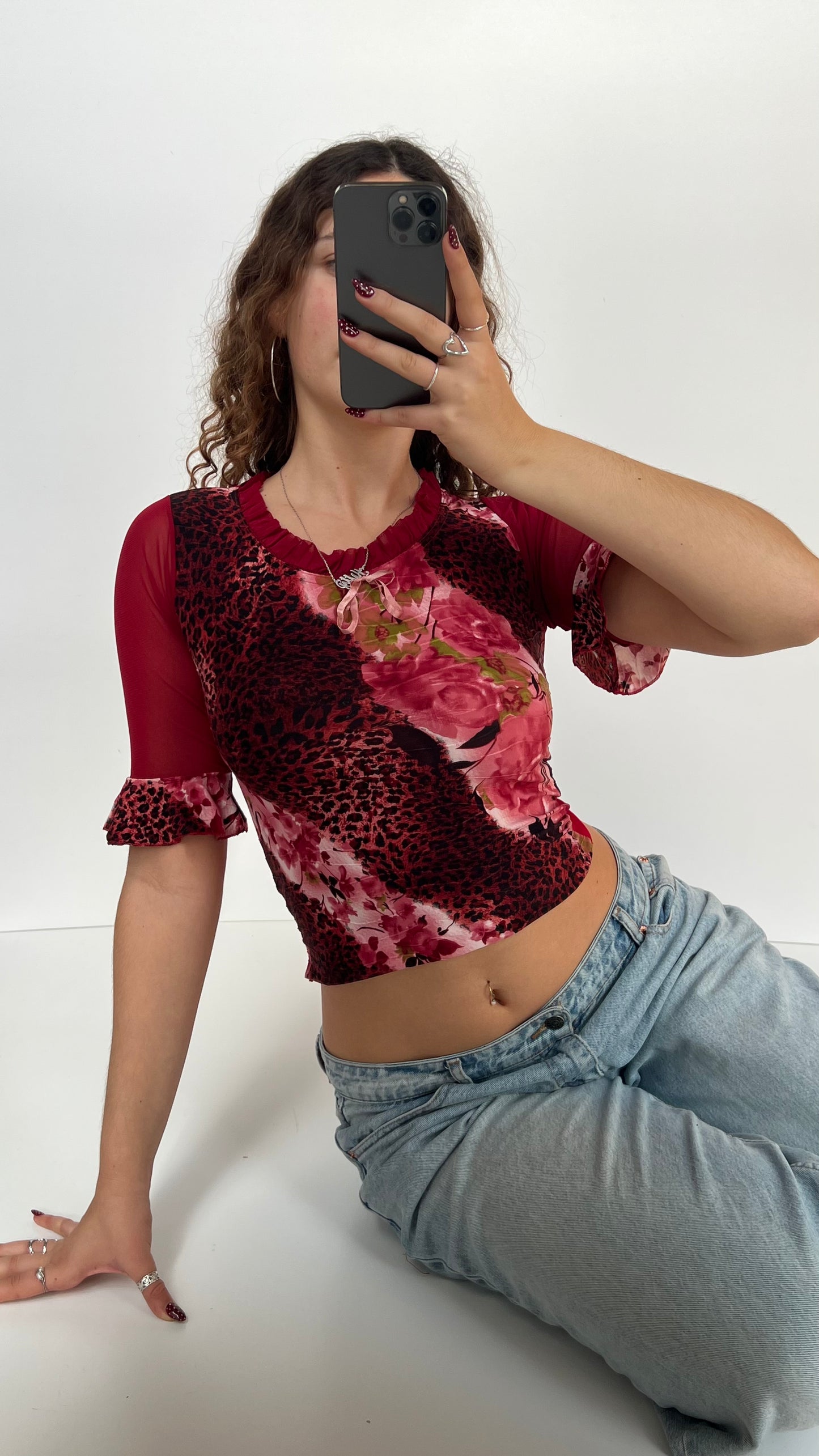 00s red floral long sleeve top- size XS