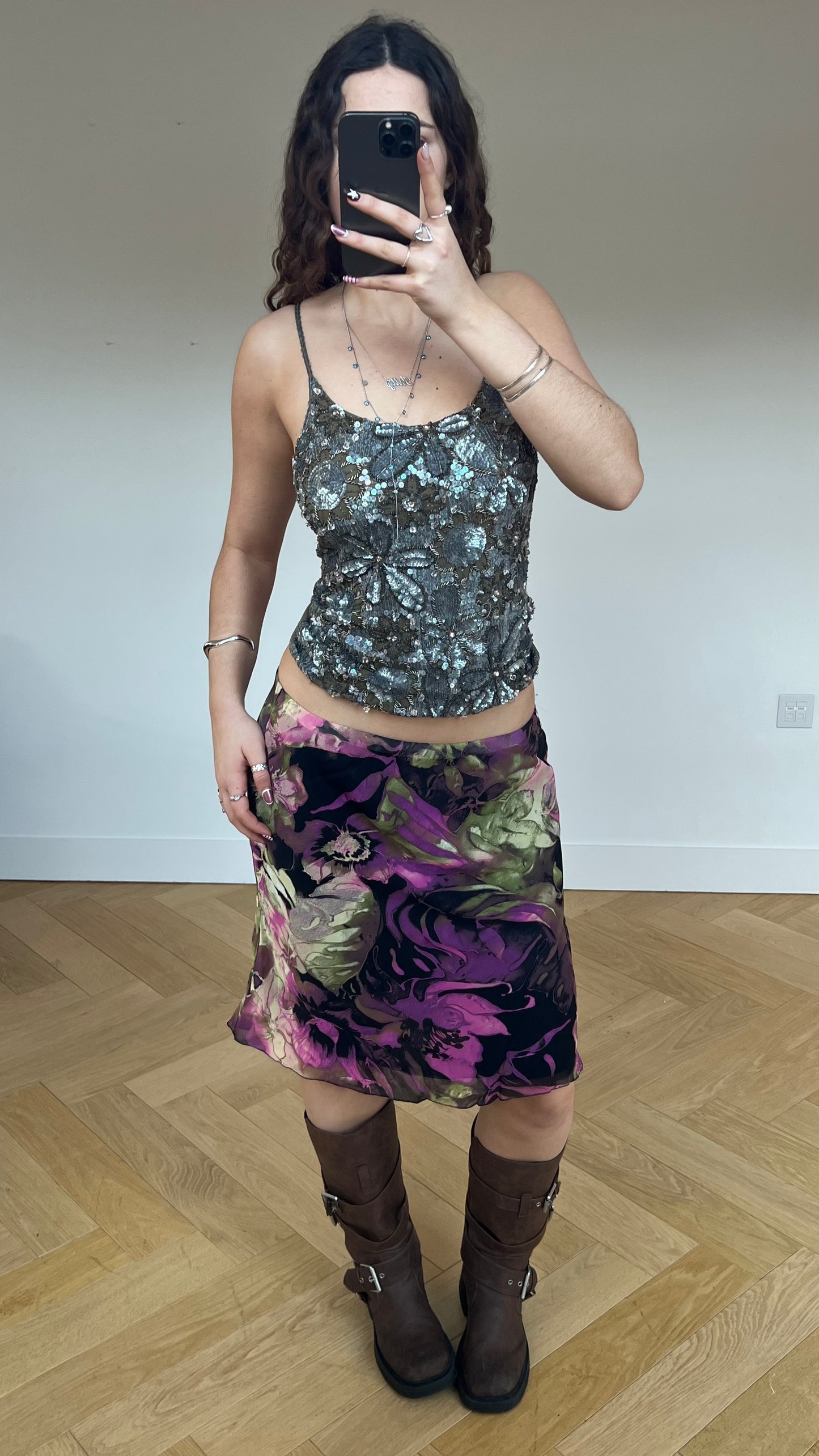 00s pink mesh floral midi skirt- size M
