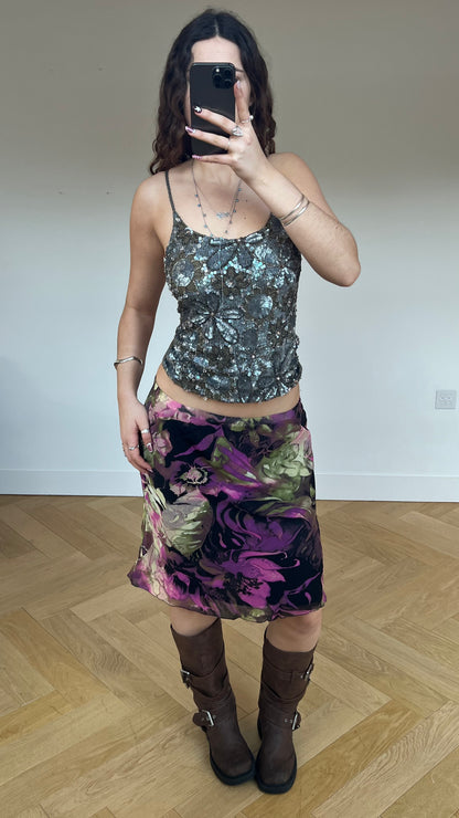 00s pink mesh floral midi skirt- size M