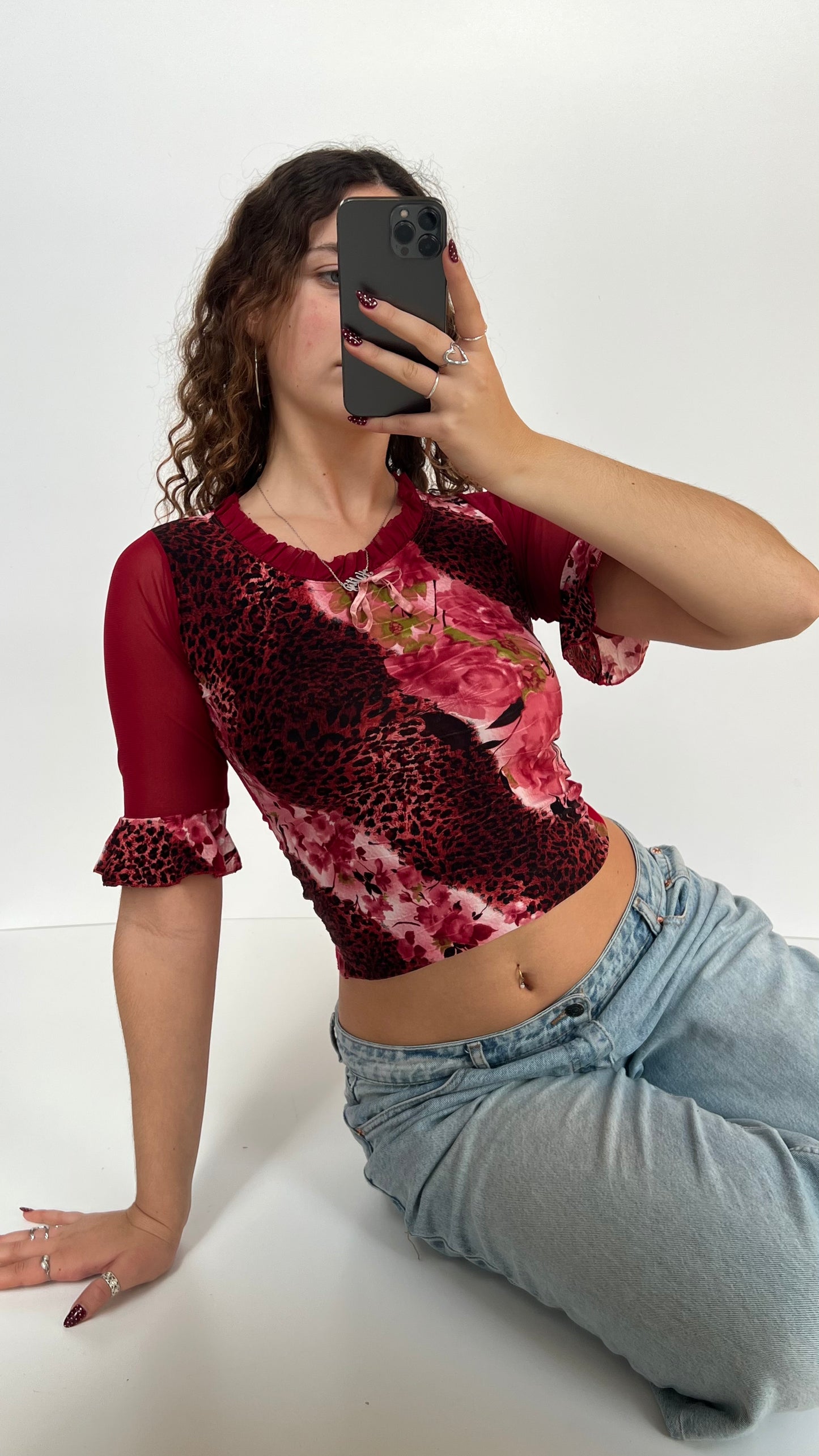 00s red floral long sleeve top- size XS