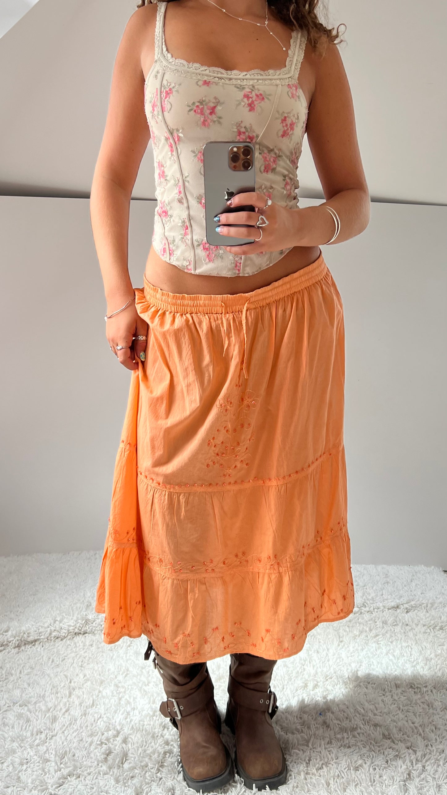 00s orange tiered midi skirt- size M