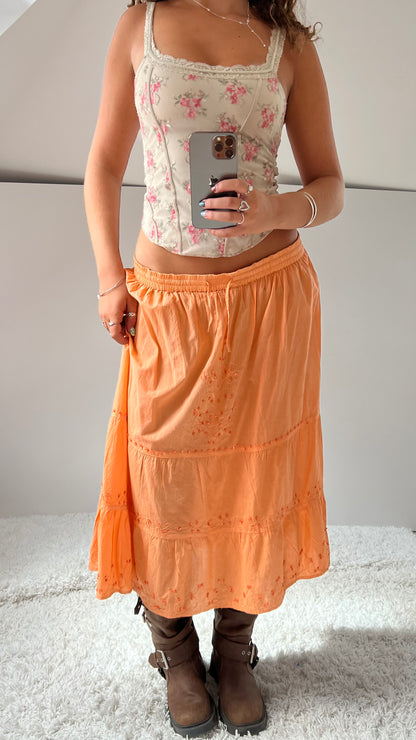 00s orange tiered midi skirt- size M