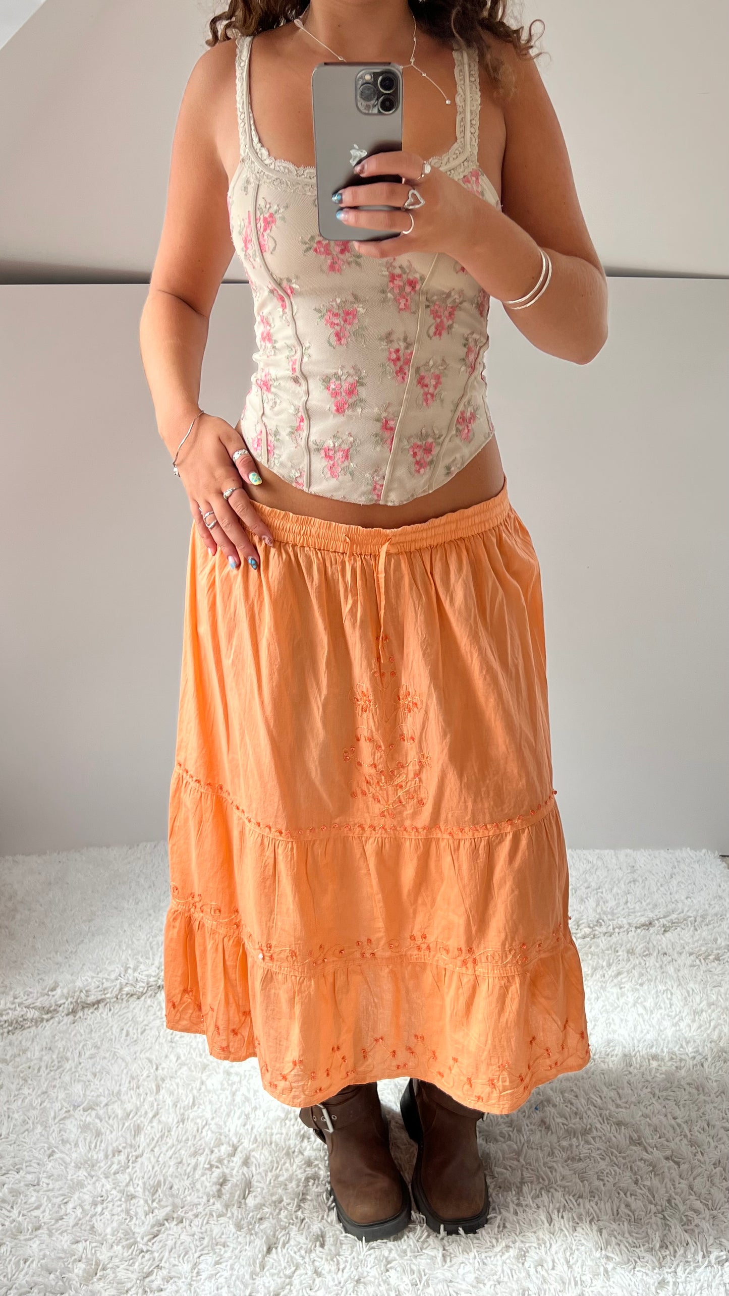 00s orange tiered midi skirt- size M
