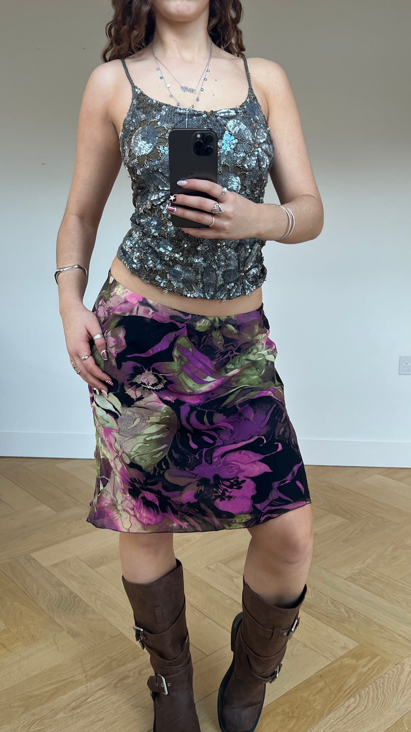 00s pink mesh floral midi skirt- size M