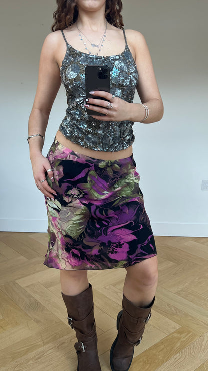 00s pink mesh floral midi skirt- size M
