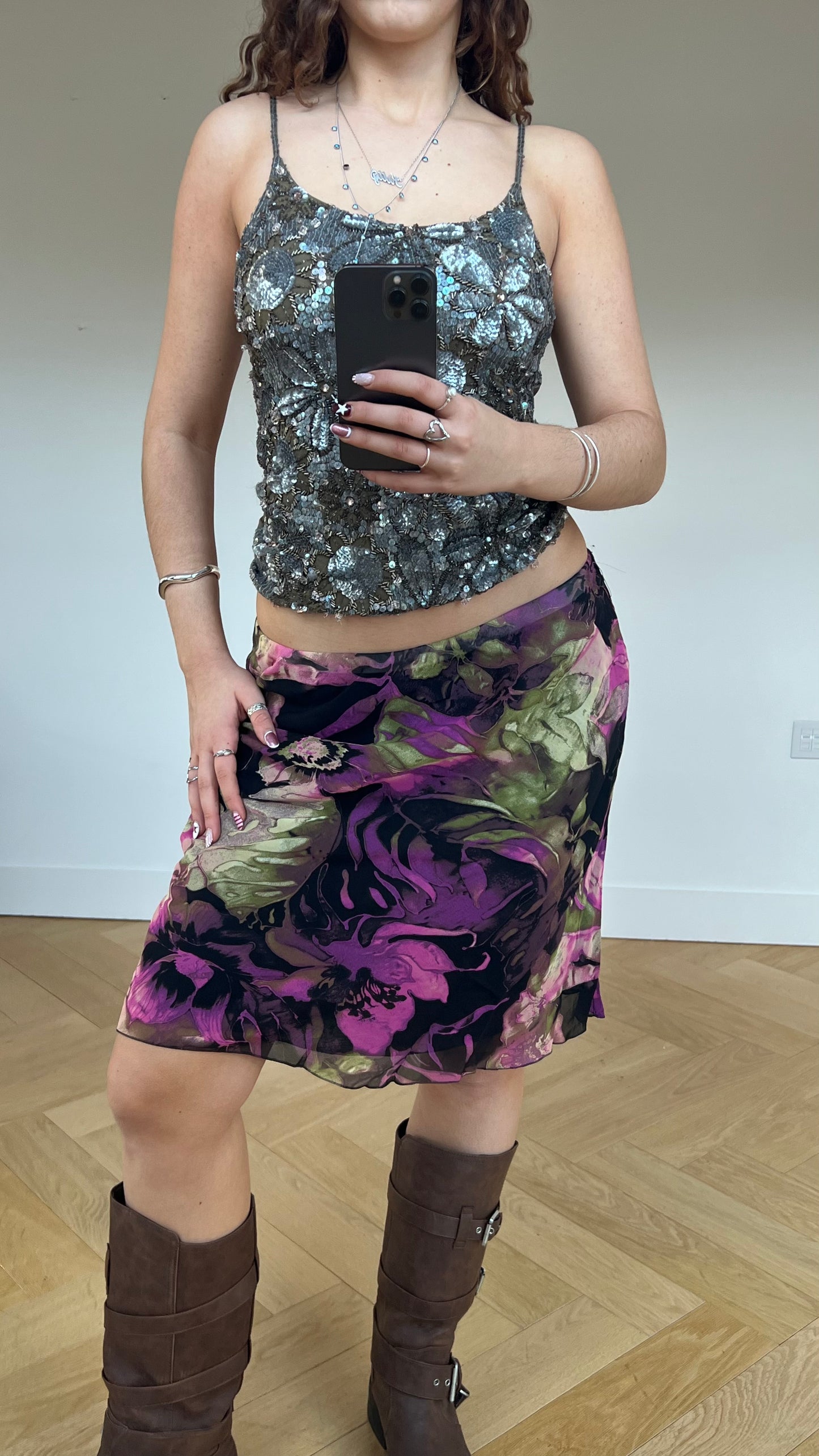 00s pink mesh floral midi skirt- size M