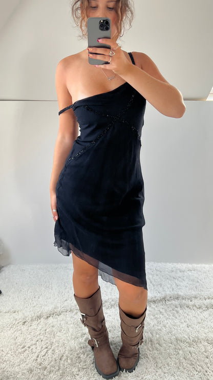 00s black silk beaded midi dress- size S