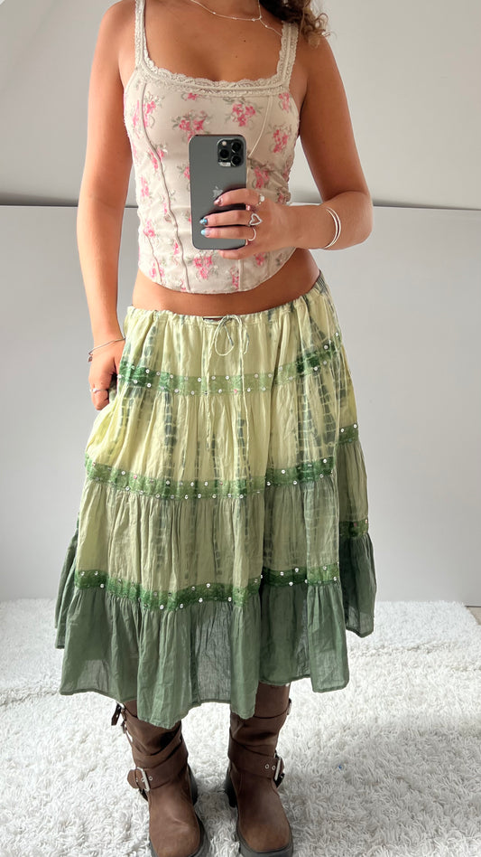 00s green tiered midi skirt- size M/L