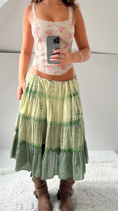 00s green tiered midi skirt- size M/L