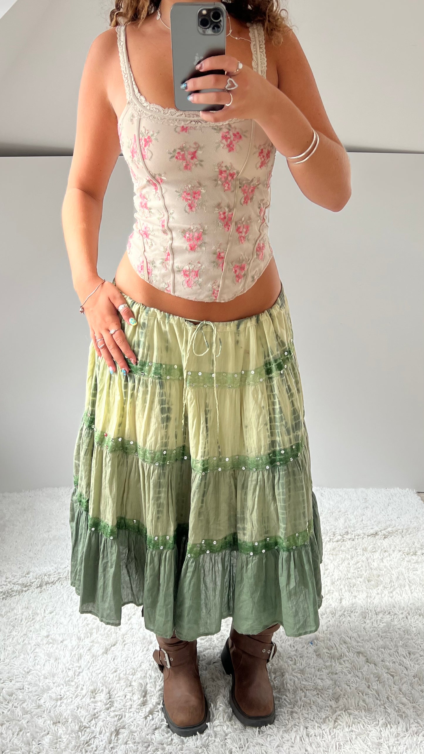 00s green tiered midi skirt- size M/L