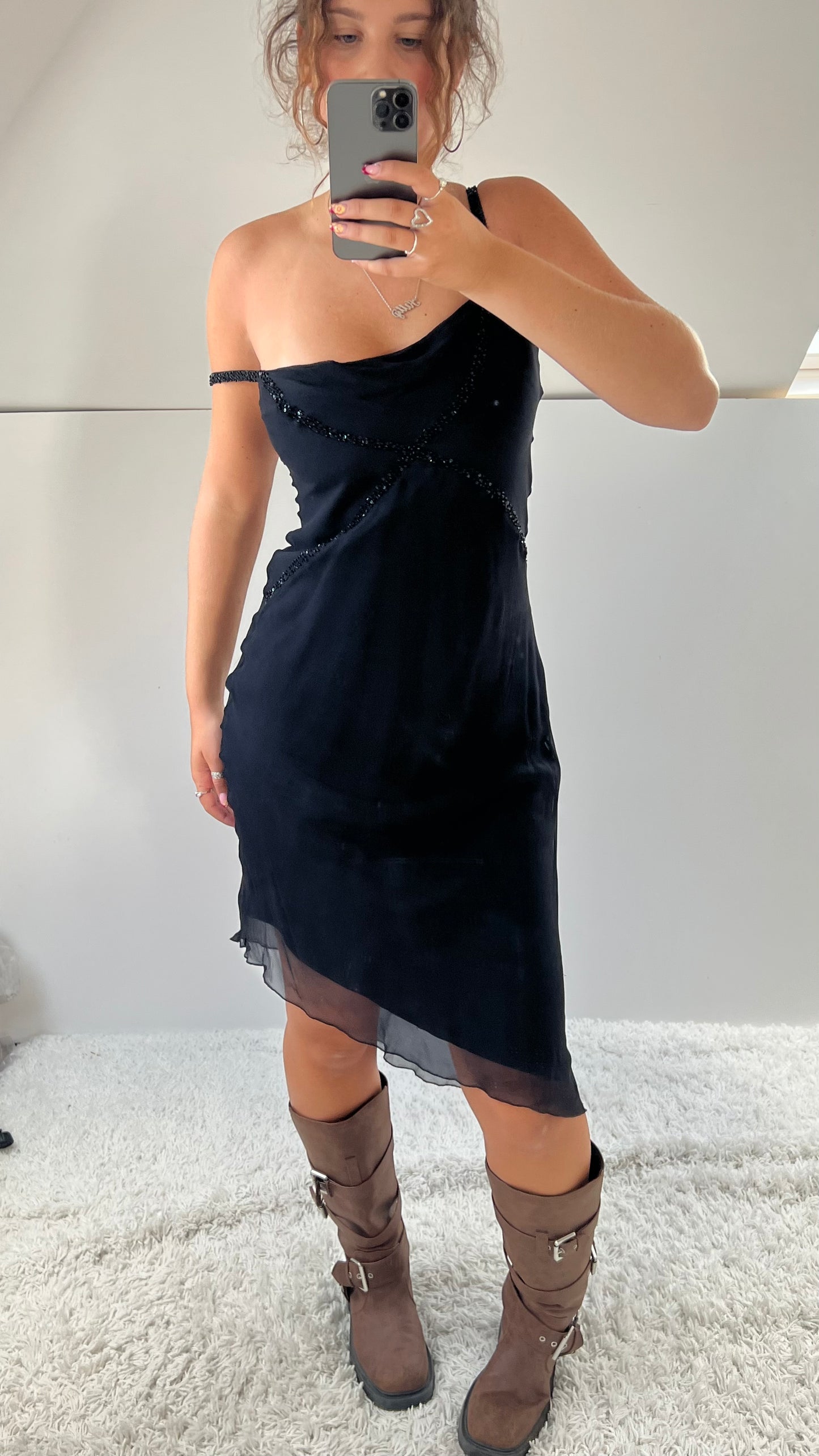 00s black silk beaded midi dress- size S