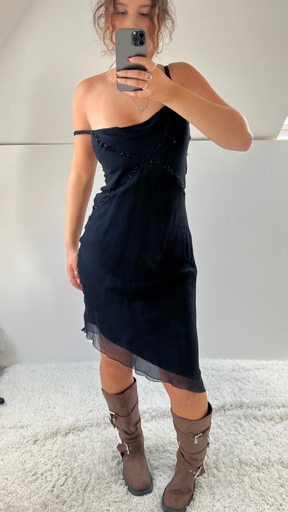 00s black silk beaded midi dress- size S