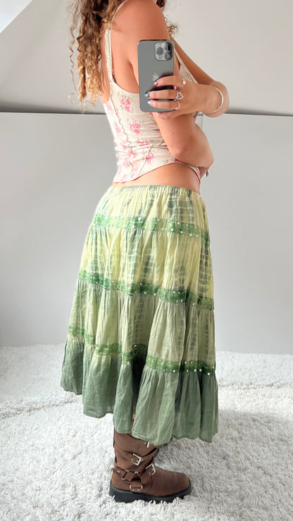 00s green tiered midi skirt- size M/L