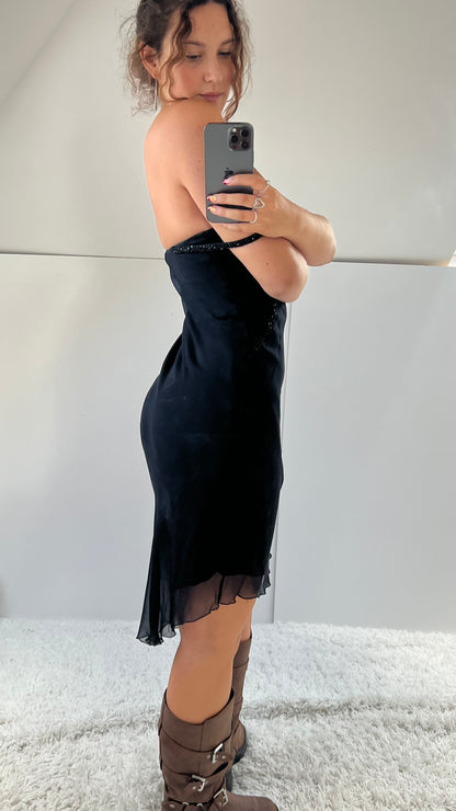 00s black silk beaded midi dress- size S