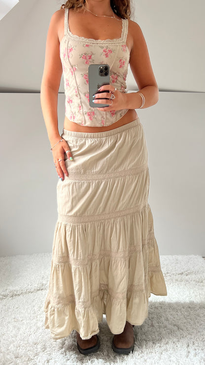00s beige tiered maxi skirt- size S