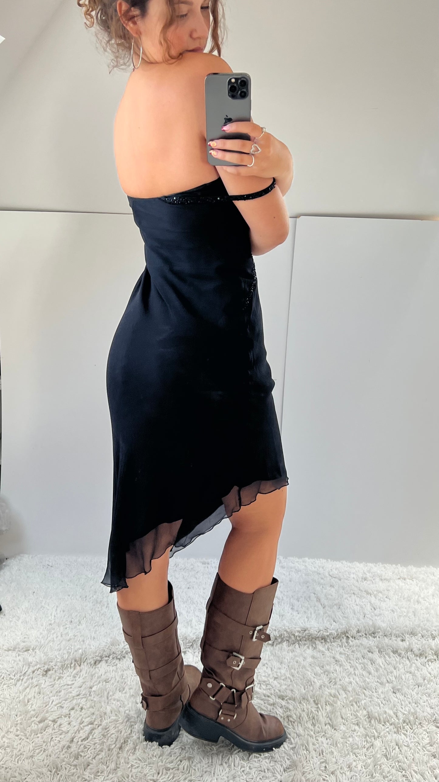 00s black silk beaded midi dress- size S