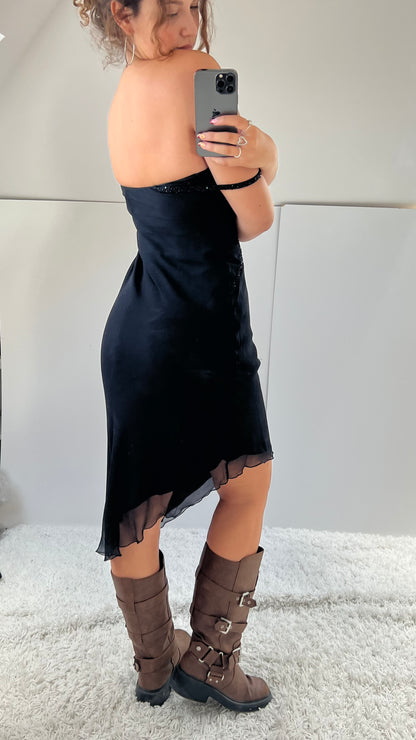 00s black silk beaded midi dress- size S