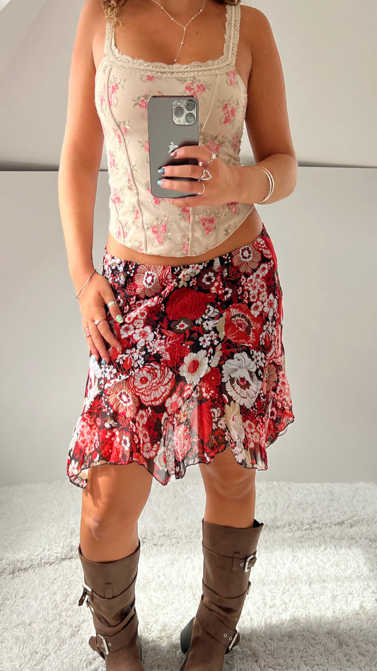 00s red floral mesh midi skirt- size S