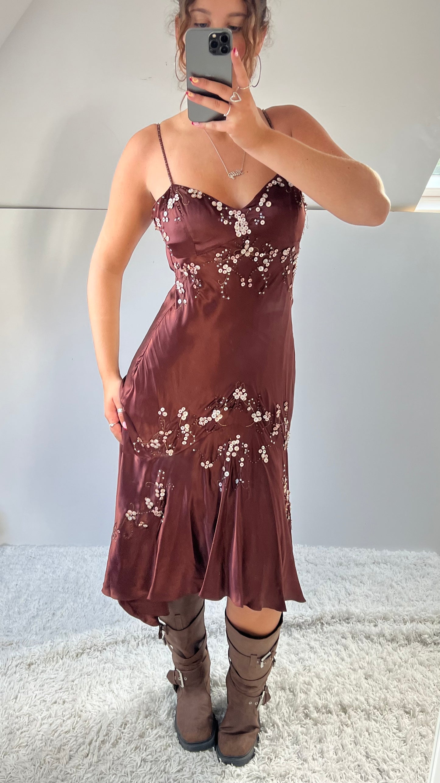 00s brown beaded silk midi dress- size M/L