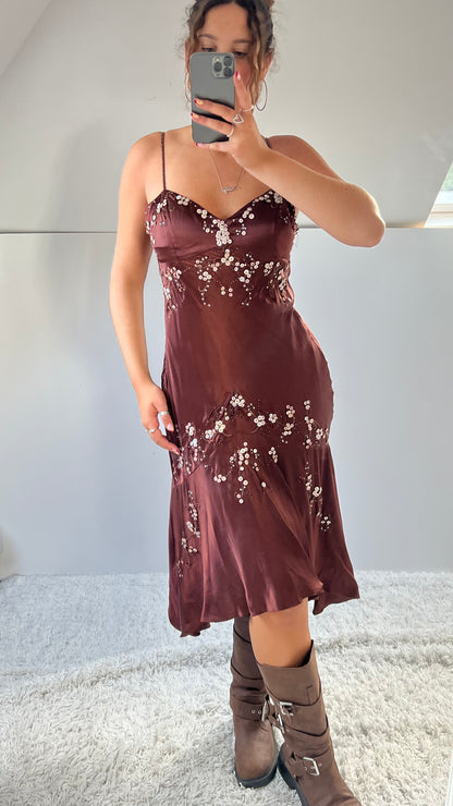 00s brown beaded silk midi dress- size M/L