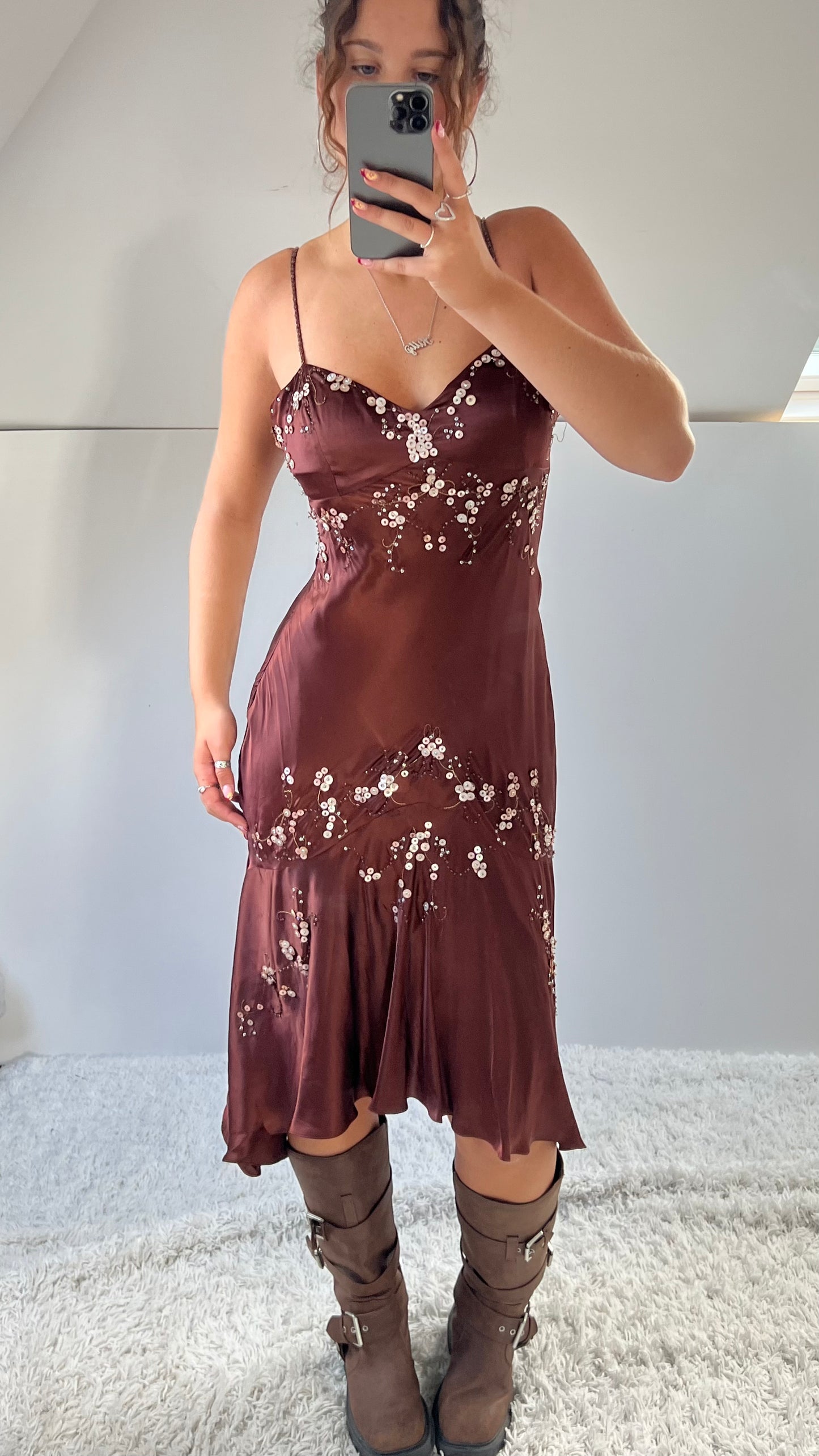 00s brown beaded silk midi dress- size M/L