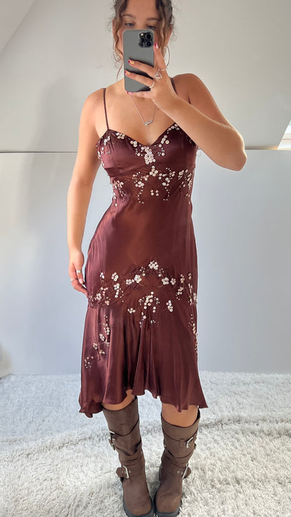 00s brown beaded silk midi dress- size M/L