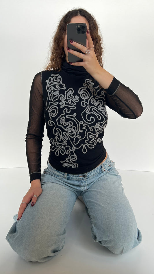 00s black mesh long sleeve top- size XL