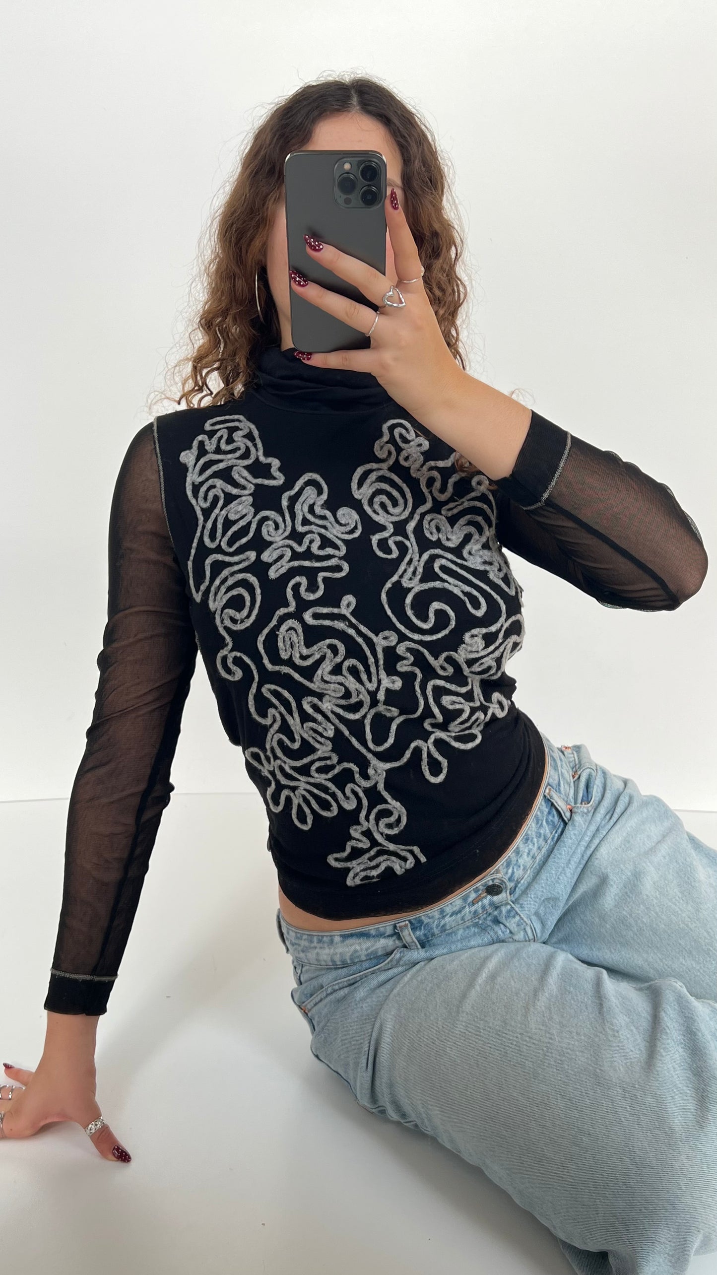00s black mesh long sleeve top- size XL