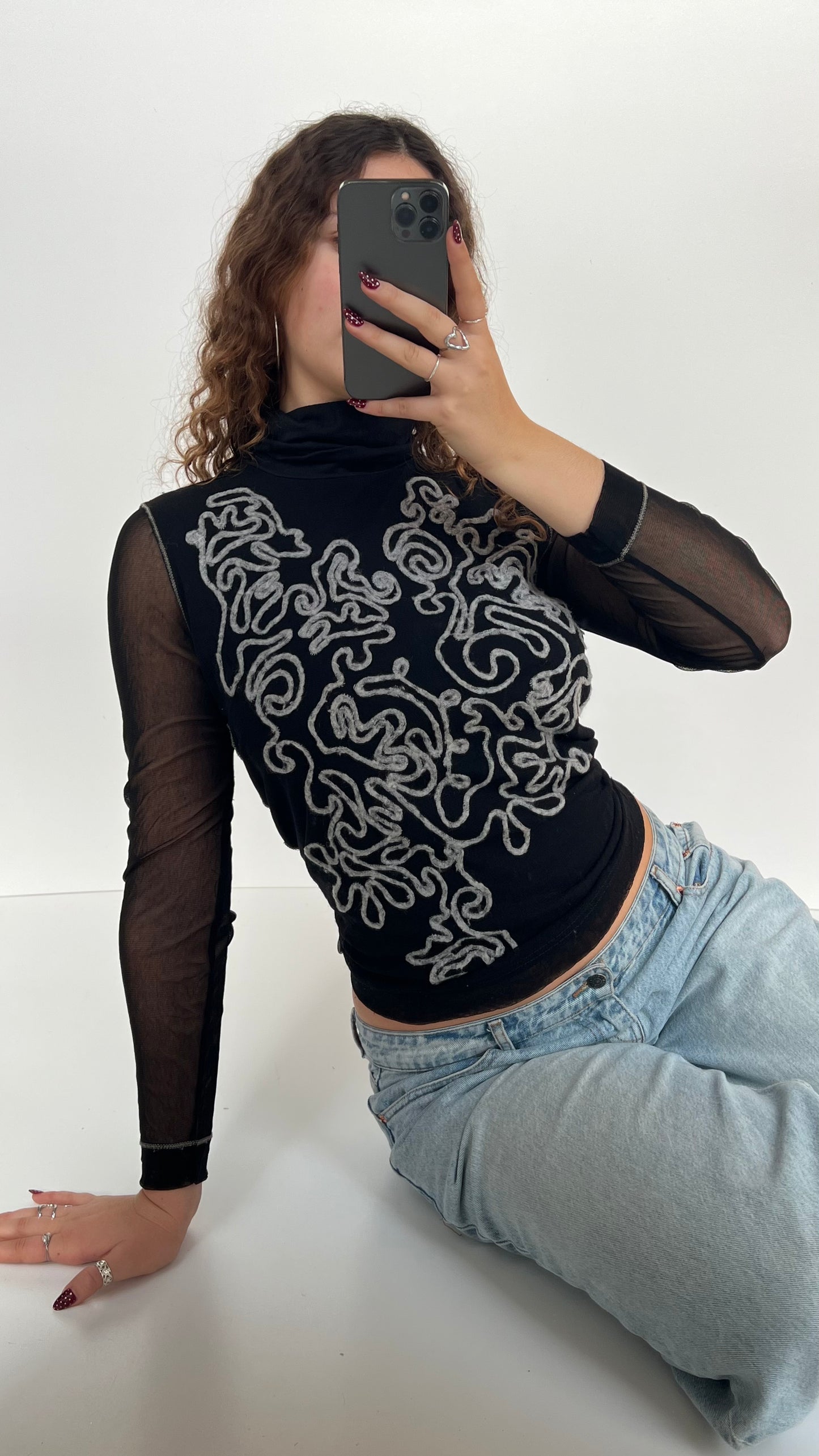 00s black mesh long sleeve top- size XL