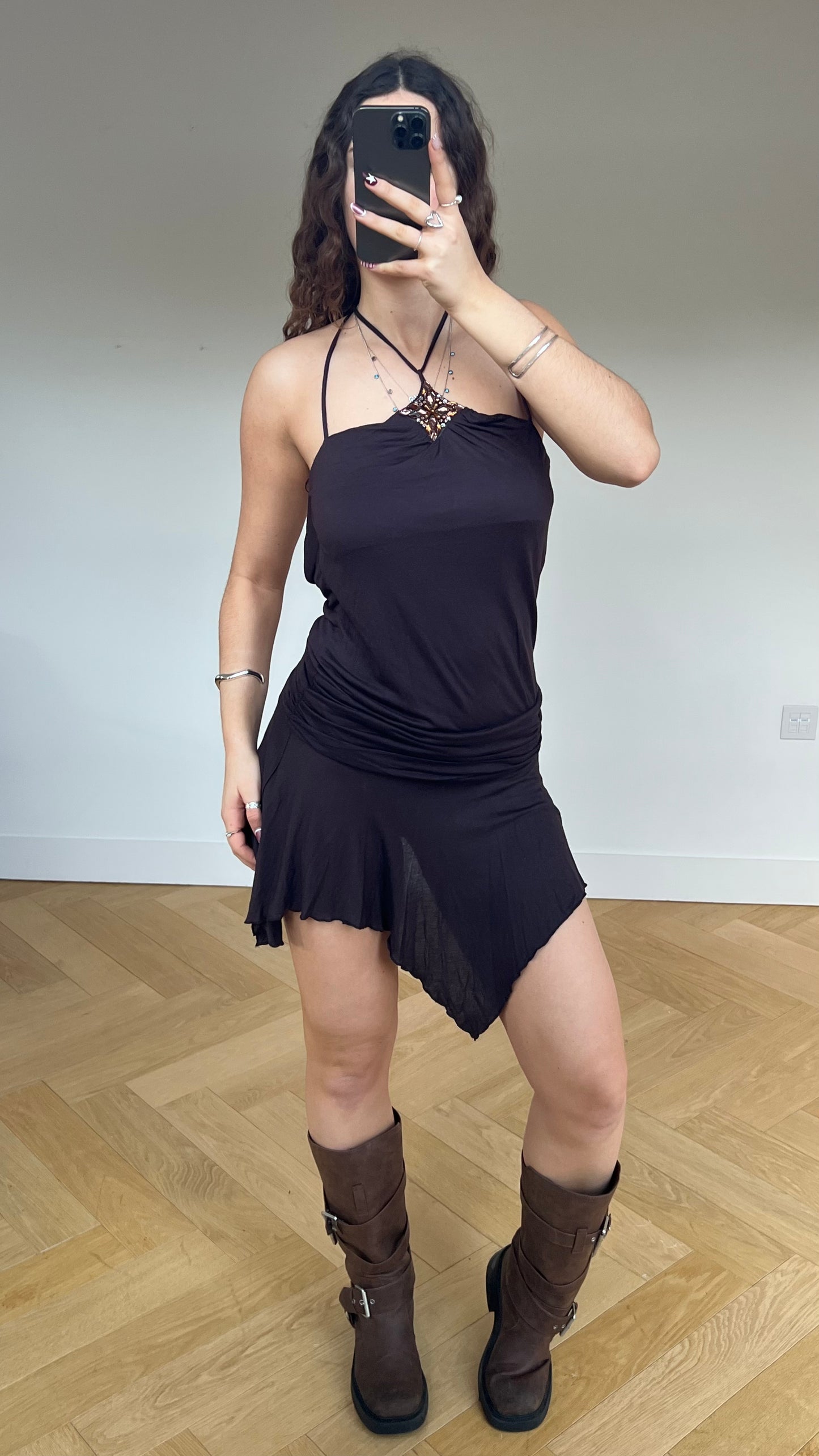 00s brown asymmetric mini dress- size S