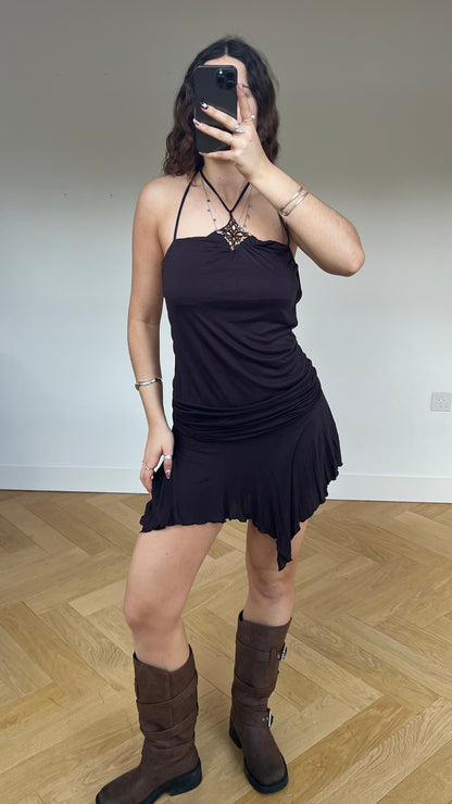 00s brown asymmetric mini dress- size S