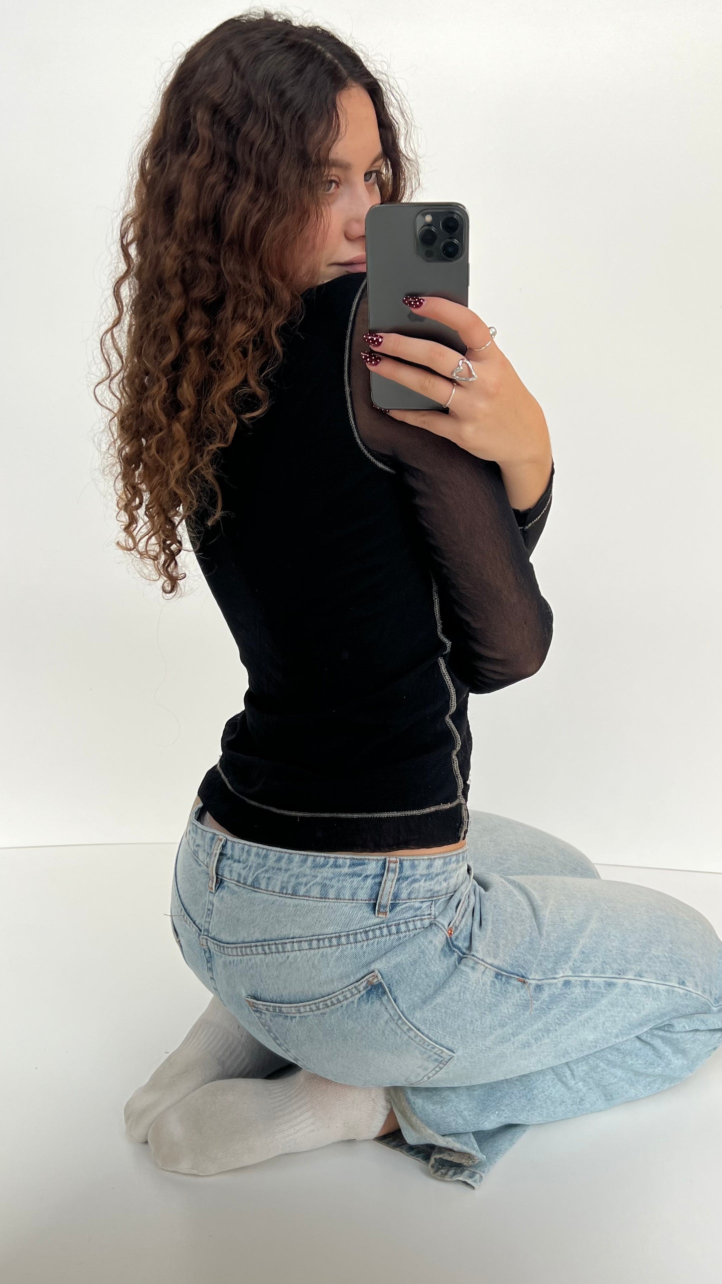 00s black mesh long sleeve top- size XL